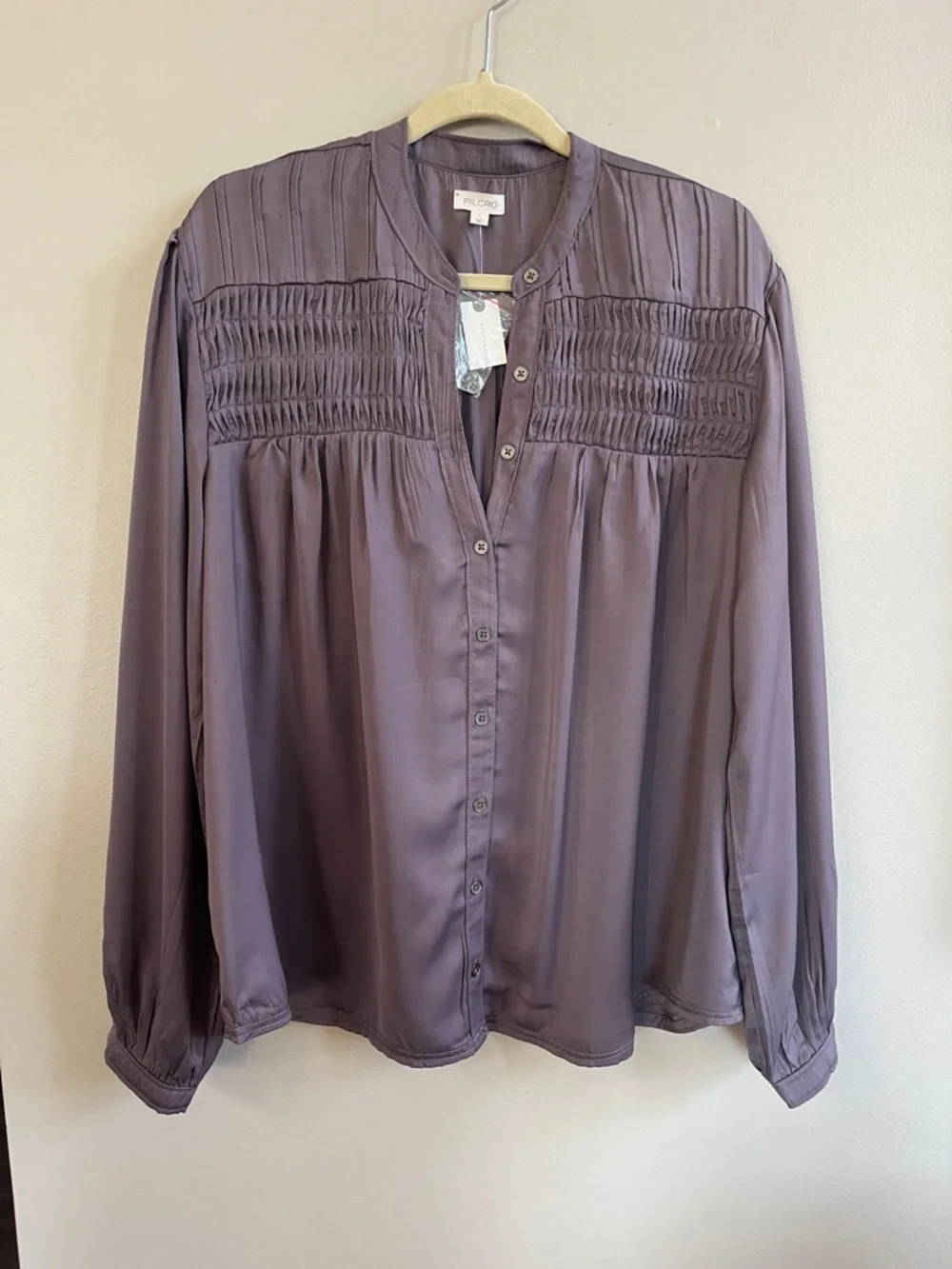Anthropologie Silky Smocked Yoke Long Sleeve Purple Button down Shirt size large - Picture 3 of 16